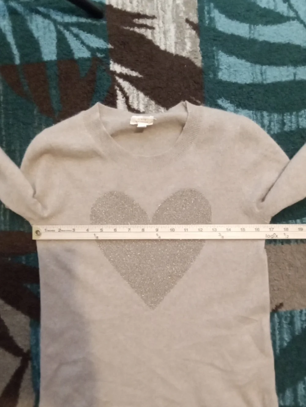 J Crew Cashmere Crewneck Sweater With Lurex Metallic Heart Neutral Fitted Small